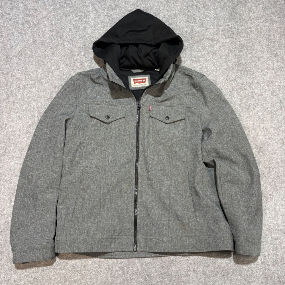 Levis Mens Hooded Softshell Jacket Grey Heather Full Zip Trucker Coat XL